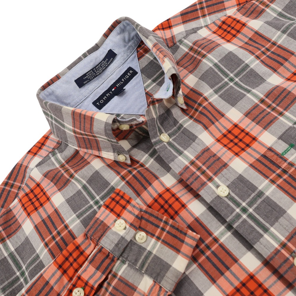 Tommy Hilfiger Mens Large Orange Grey Plaid Cotton Button Down Shirt Crest Logo